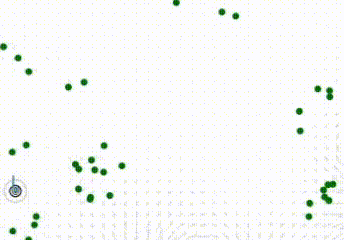Simulated weakly electric fish agents foraging together, with their electric fields drawn around them