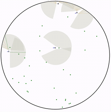 Group of simulated zebrafish agents foraging, with their visual fields drawn